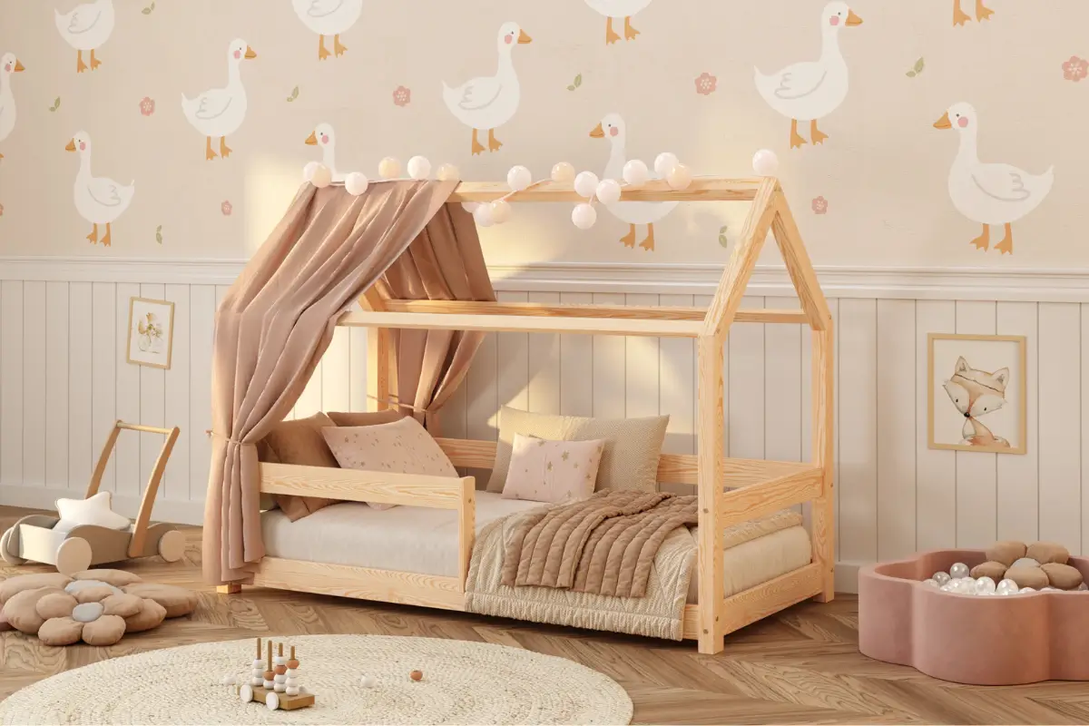 Łóżko domek dla dziecka z barierką i stelażem MILO Montessori Drewniane